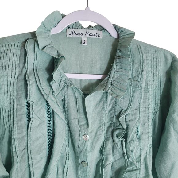 JP and Mattie Button Up Peasant Blouse Women's Small S Green Ruffle Boho Cotton - Picture 3 of 12